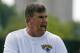 May 28, 2015; Jacksonville, FL, USA; Jacksonville Jaguars defensive coordinator Bob Babich reacts during OTAs at the Florida Blue Health and Wellness Practice Fields. Mandatory Credit: Phil Sears-USA TODAY Sports