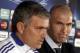 Special adviser to Real Madrid's first team Zinedine Zidane, right, looks on as Real Madrid's coach Jose Mourinho, left, talks during a press conference in Lyon, central France, Monday, Feb. 21, 2011. Real Madrid will face Lyon in a Champions League soccer match on Tuesday. (AP Photo/Laurent Cipriani)