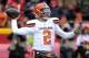 FILE - In this Dec. 27, 2015, file photo, Cleveland Browns quarterback Johnny Manziel (2) throws during the first half of an NFL football game against the Kansas City Chiefs in Kansas City, Mo. The Browns are not commenting on a report that Manziel went to Las Vegas on the day before the season finale. (AP Photo/Ed Zurga, File)