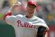 Philadelphia Phillies pitcher Roy Halladay throws during the first inning of the season opening baseball game against the Pittsburgh Pirates in Pittsburgh Thursday, April 5, 2012. (AP Photo/Gene J. Puskar)
