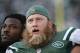 New York Jets center Nick Mangold, right, and Chris Ivory, left, look at the score board during the first half of an NFL football game against the Tennessee Titans Sunday, Dec. 13, 2015, in East Rutherford, N.J. (AP Photo/Julio Cortez)