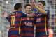 Barcelona's Argentinian forward Lionel Messi (C) celebrates a goal with teammates Barcelona's Brazilian forward Neymar (L) and Barcelona's Uruguayan forward Luis Suarez (R) during the Spanish league football match FC Barcelona vs Granada CF at the Camp Nou stadium in Barcelona on January 9, 2016. AFP PHOTO / LLUIS GENE / AFP / LLUIS GENE (Photo credit should read LLUIS GENE/AFP/Getty Images)