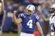 Indianapolis Colts kicker Adam Vinatieri (4) reacts after kicking a field goal against the Tennessee Titans during the first half of an NFL football game in Indianapolis, Sunday, Jan. 3, 2016. (AP Photo/Darron Cummings)