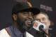San Francisco Giants outfielder Denard Span, left, speaks next to manager Bruce Bochy at a news conference in San Francisco, Friday, Jan. 8, 2016. The Giants agreed on a $31 million, three-year deal with free agent Span, giving them the outfielder and leadoff hitter they had sought. (AP Photo/Jeff Chiu)