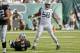 New York Jets defensive end Jason Babin (58) celebrates after sacking Oakland Raiders quarterback Derek Carr (4) during the second half of an NFL football game Sunday, Sept. 7, 2014, in East Rutherford, N.J. (AP Photo/Seth Wenig)