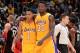 LOS ANGELES, CA - NOVEMBER 20: Julius Randle #30 of the Los Angeles Lakers and D'Angelo Russell #1 of the Los Angeles Lakers talk during the game against the Toronto Raptors on November 20, 2015 at STAPLES Center in Los Angeles, California. NOTE TO USER: User expressly acknowledges and agrees that, by downloading and/or using this Photograph, user is consenting to the terms and conditions of the Getty Images License Agreement. Mandatory Copyright Notice: Copyright 2015 NBAE (Photo by Andrew D. Bernstein/NBAE via Getty Images)