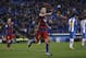 FC Barcelona's Munir El Haddadi celebrates after scoring against Espanyol during a Copa del Rey soccer match at RCDE stadium in Barcelona, Spain, Wednesday, Jan. 13, 2016. (AP Photo/Manu Fernandez)