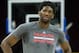 Dec 22, 2015; Philadelphia, PA, USA; Philadelphia 76ers center Joel Embiid (21) works out prior to a game against the Memphis Grizzlies at Wells Fargo Center. Mandatory Credit: Bill Streicher-USA TODAY Sports