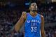Oklahoma City Thunder forward Kevin Durant reacts after scoring a basket during the second half of an NBA basketball game in Portland, Ore., Sunday, Jan. 10, 2016. The Trail Blazers won the game 115-110. (AP Photo/Craig Mitchelldyer)