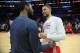 LOS ANGELES, CA - JANUARY 16: Austin Rivers #25 of the Los Angeles Clippers and Kyrie Irving #2 of the Cleveland Cavaliers speak before a game at STAPLES Center on January 16, 2015 in Los Angeles, California. NOTE TO USER: User expressly acknowledges and agrees that, by downloading and/or using this Photograph, user is consenting to the terms and conditions of the Getty Images License Agreement. Mandatory Copyright Notice: Copyright 2015 NBAE (Photo by Juan Ocampo/NBAE via Getty Images)