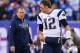 EAST RUTHERFORD, NJ - NOVEMBER 15: Tom Brady #12 of the New England Patriots speaks with head coach Bill Belichick prior to the game against the New York Giants at MetLife Stadium on November 15, 2015 in East Rutherford, New Jersey. (Photo by Elsa/Getty Images)