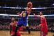 Jan 20, 2016; Chicago, IL, USA; Golden State Warriors guard Stephen Curry (left) goes to the basket as Chicago Bulls guard Derrick Rose (1) and center Pau Gasol (16) defend during the first half at the United Center. Mandatory Credit: David Banks-USA TODAY Sports