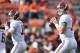 Nov 28, 2015; Auburn, AL, USA; Alabama Crimson Tide quarterbacks Jake Coker (14) and Cooper Bateman (18) warm up prior to facing the Auburn Tigers at Jordan Hare Stadium. Mandatory Credit: RVR Photos-USA TODAY Sports