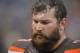 Cleveland Browns tackle Joe Thomas stands on the sideline during an NFL football game between the Pittsburgh Steelers and the Browns, Sunday, Jan. 3, 2016, in Cleveland. The Steelers won 28-12. (AP Photo/David Richard)