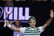Roger Federer of Switzerland celebrates after defeating Grigor Dimitrov of Bulgaria during their third round match at the Australian Open tennis championships in Melbourne, Australia, Friday, Jan. 22, 2016.(AP Photo/Aaron Favila)