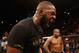 LAS VEGAS, NV - JANUARY 03: UFC light heavyweight champion Jon Jones (L) celebrates his win over Daniel Cormier (R) in their UFC light heavyweight championship bout during the UFC 182 event at the MGM Grand Garden Arena on January 3, 2015 in Las Vegas, Nevada. (Photo by Josh Hedges/Zuffa LLC/Zuffa LLC via Getty Images)