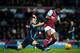 LONDON, ENGLAND - JANUARY 23: Alexandre Song of West Ham United beats Sergio Aguero of Manchester City to the ball during the Barclays Premier League match between West Ham United and Manchester City at the Boleyn Ground on January 23, 2016 in London, England. (Photo by Paul Gilham/Getty Images)