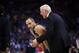 San Antonio Spurs head coach Gregg Popovich, right, talks to guard Manu Ginobili during an NBA basketball game against the Golden State Warriors Monday, Jan. 25, 2016, in Oakland, Calif. (AP Photo/Marcio Jose Sanchez)