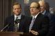 FILE - In this Jan. 12, 2016, file photo, NFL Commissioner Roger Goodell, left, listens as San Diego Chargers owner Dean Spanos talks to the media after team owners voted in Houston to allow the St. Louis Rams to move to a new stadium just outside Los Angeles, with the Chargers having an option to share the facility. The Chargers owner is feeling some pain after his fellow owners turned against him, though not nearly as much pain as he's inflicting on San Diego fans. (AP Photo/Pat Sullivan, File)