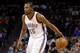 Jan 2, 2016; Charlotte, NC, USA; Oklahoma City Thunder forward Kevin Durant (35) controls the ball during the first half against the Charlotte Hornets at Time Warner Cable Arena. Mandatory Credit: Jeremy Brevard-USA TODAY Sports