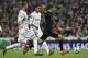 Paris Saint-Germain's Argentinian forward Angel Di Maria (R) vies with Real Madrid's defender Sergio Ramos and Real Madrid's French defender Raphael Varane (C) during the UEFA Champions League group stage football match Real Madrid CF vs Paris Saint-Germain (PSG) at the Santiago Bernabeu stadium in Madrid on November 3, 2015. AFP PHOTO / GERARD JULIEN (Photo credit should read GERARD JULIEN/AFP/Getty Images)