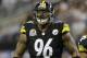 Pittsburgh Steelers defensive end Ziggy Hood (96) celebrates a sack during the second half of an NFL football game against the Dallas Cowboys Sunday, Dec. 16, 2012 in Arlington, Texas. (AP Photo/LM Otero)