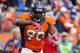 FILE - In this Oct. 4, 2015, file photo, Denver Broncos defensive end Antonio Smith celebrates a sack during an NFL football game against the Minnesota Vikings in Denver. Smith is a rarity in the NFL: He does not get injured. The Super Bowl will mark his 179th appearance in 180 games since the middle of the 2005 season, a decade of astonishingly good health in a relentlessly violent sport. Rather than crediting particularly proficient care from the four teams he's been with, Smith says he managed to suit up week after week after week thanks in large part to the extra care he arranges on his own. (AP Photo/Jack Dempsey, File)