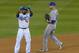 October 9, 2015; Los Angeles, CA, USA; Los Angeles Dodgers second baseman Howie Kendrick (47) reacts after reaching second on a double in the eighth inning against the New York Mets in game one of the NLDS at Dodger Stadium. Mandatory Credit: Richard Mackson-USA TODAY Sports