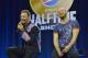 Feb 4, 2016; San Francisco, CA, USA; Recording artists Chris Martin (left) and Will Champion (right) of Coldplay react during the Super Bowl 50 halftime show press conference at Moscone Center. Mandatory Credit: Kirby Lee-USA TODAY Sports