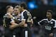 Leicester City players including Daniel Drinkwater, left, and Leonardo Ulloa, cenre left, clelebrate afrer their 3-1 win against Manchester City in the English Premier League soccer match between Manchester City and Leicester City at the Etihad Stadium in Manchester, England, Saturday Feb. 6, 2016. (AP Photo/Jon Super)