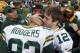 FILE - In this Dec. 3, 2015, file photo, Green Bay Packers quarterback Aaron Rodgers (12) hugs tight end Richard Rodgers (82) after their Hail Mary 61-yard touchdown throw and catch with no time remaining in an NFL football game against the Detroit Lions, in Detroit. Coach Mike McCarthy has put blinders on the Packers. The focus is squarely on looking ahead and finishing strong. (AP Photo/Paul Sancya, File)