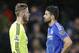 Chelsea's Diego Costa, right, speaks to Manchester United's goalkeeper David de Gea after the English Premier League soccer match between Chelsea and Manchester United at Stamford Bridge stadium in London, Sunday, Feb. 7, 2016. (AP Photo/Frank Augstein)