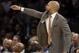 New York Knicks head coach Derek Fisher talks to his players during the second half of the NBA basketball game against the Denver Nuggets, Sunday, Feb. 7, 2016, in New York. The Nuggets defeated the Knicks 101-96. (AP Photo/Seth Wenig)