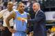 Denver Nuggets head coach Michael Malone, right, talks with guard Jameer Nelson (1) during a break in the first half of an NBA basketball game against the Indiana Pacers, Saturday, Jan. 30, 2016, in Indianapolis. (AP Photo/Doug McSchooler)