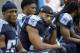 Tennessee Titans safety Michael Griffin, center, sits on the bench in the final minutes of the fourth quarter during their 34-6 loss to the Houston Texans in an NFL football game Sunday, Dec. 27, 2015, in Nashville, Tenn. (AP Photo/James Kenney)