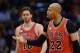 Nov 18, 2015; Phoenix, AZ, USA; Chicago Bulls forward Taj Gibson (22) reacts on the court in front of teammate center Pau Gasol (16) against the Phoenix Suns at Talking Stick Resort Arena. The Bulls won 103-97. Mandatory Credit: Jennifer Stewart-USA TODAY Sports