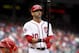 Washington Nationals' Ian Desmond (20) looks at his bat before hitting a home run in the second inning of a baseball game against the Philadelphia Phillies at Nationals Park, in Washington, on Sunday, Sept. 27, 2015. (AP Photo/Jacquelyn Martin)