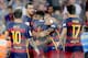 (L-R) Lionel Messi of FC Barcelona, Sergio Busquets of FC Barcelona, Neymar da Silva Santos Junior of FC Barcelona, Sandro Ramirez of FC Barcelona, Munir El Haddadi of FC Barcelona during the Primera Division match between FC Barcelona and Levante UD on September 20, 2015 at Camp Nou stadium in Barcelona, Spain.(Photo by VI Images via Getty Images)