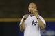 New York Yankees retired pitcher Mariano Rivera talks to the crowd before threw throwing a ceremonial first pitch at the exhibition baseball game of the