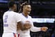 Oklahoma City Thunder guard Russell Westbrook, right, celebrates with teammate Anthony Morrow (2) in the second quarter of an NBA basketball game against the New Orleans Pelicans in Oklahoma City, Thursday, Feb. 11, 2016. (AP Photo/Sue Ogrocki)