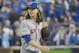 Oct 28, 2015; Kansas City, MO, USA; New York Mets starting pitcher Jacob deGrom (48) reacts as he walks to the dugout after the fifth inning against the Kansas City Royals in game two of the 2015 World Series at Kauffman Stadium. Mandatory Credit: Denny Medley-USA TODAY Sports