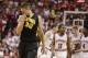 Iowa's Jarrod Uthoff (20) wipes his face during the second half of an NCAA college basketball game against Indiana, Thursday, Feb. 11, 2016, in Bloomington, Ind. Indiana won 85-78. (AP Photo/Darron Cummings)