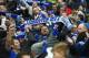 MANCHESTER, ENGLAND - FEBRUARY 06: Leicester City supporters celebrate their team's win in the Barclays Premier League match between Manchester City and Leicester City at the Etihad Stadium on February 6, 2016 in Manchester, England. (Photo by Michael Regan/Getty Images)