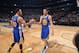 BROOKLYN, NY - FEBRUARY 14: Klay Thompson #11 and Stephen Curry #30 of the Golden State Warriors shake hands during the Foot Locker Three Point Contest on State Farm All-Star Saturday Night as part of the 2015 NBA All-Star Weekend on February 14, 2015 at Barclays Center in Brooklyn, New York. NOTE TO USER: User expressly acknowledges and agrees that, by downloading and/or using this photograph, user is consenting to the terms and conditions of the Getty Images License Agreement. Mandatory Copyright Notice: Copyright 2015 NBAE (Photo by Andrew D. Bernstein/NBAE via Getty Images)