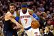 CLEVELAND, OH - OCTOBER 30: Carmelo Anthony #7 of the New York Knicks handles the ball against Kevin Love #0 of the Cleveland Cavaliers in the first quarter at Quicken Loans Arena on October 30, 2014 in Cleveland, Ohio. NOTE TO USER: User expressly acknowledges and agrees that, by downloading and or using this photograph, User is consenting to the terms and conditions of the Getty Images License Agreement. (Photo by Jason Miller/Getty Images)