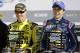 Matt Kenseth, left, and Chase Elliott hold their trophies after they qualified for the top two starting positions in the NASCAR Daytona 500 auto race at Daytona International Speedway, Sunday, Feb. 14, 2016, in Daytona Beach, Fla. (AP Photo/John Raoux)