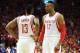 HOUSTON, TX - MAY 17: James Harden #13 and Dwight Howard #12 of the Houston Rockets stands on the court in the final seconds of the win against the Los Angeles Clippers in Game Seven of the Western Conference Semifinals during the 2015 NBA Playoffs on May 17, 2015 at the Toyota Center in Houston, Texas. NOTE TO USER: User expressly acknowledges and agrees that, by downloading and or using this photograph, User is consenting to the terms and conditions of the Getty Images License Agreement. Mandatory Copyright Notice: Copyright 2015 NBAE (Photo by Bill Baptist/NBAE via Getty Images)