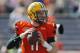 North Dakota State quarterback Carson Wentz warms up before the Senior Bowl NCAA college football game, Saturday, Jan. 30, 2016, at Ladd–Peebles Stadium, in Mobile, Ala. (AP Photo/Brynn Anderson)