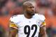Pittsburgh Steelers outside linebacker James Harrison (92) before an NFL football game between the Pittsburgh Steelers and the Cleveland Browns, Sunday, Jan. 3, 2016, in Cleveland. (AP Photo/Ron Schwane)