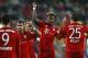 Bayern's David Alaba, center, and teammate Juan Bernat celebrate with Robert Lewandowski after scoring during the German first division Bundesliga soccer match between FC Augsburg and FC Bayern Munich at the WWK Arena in Augsburg, Germany, Sunday, Feb. 14, 2016. (AP Photo/Matthias Schrader)